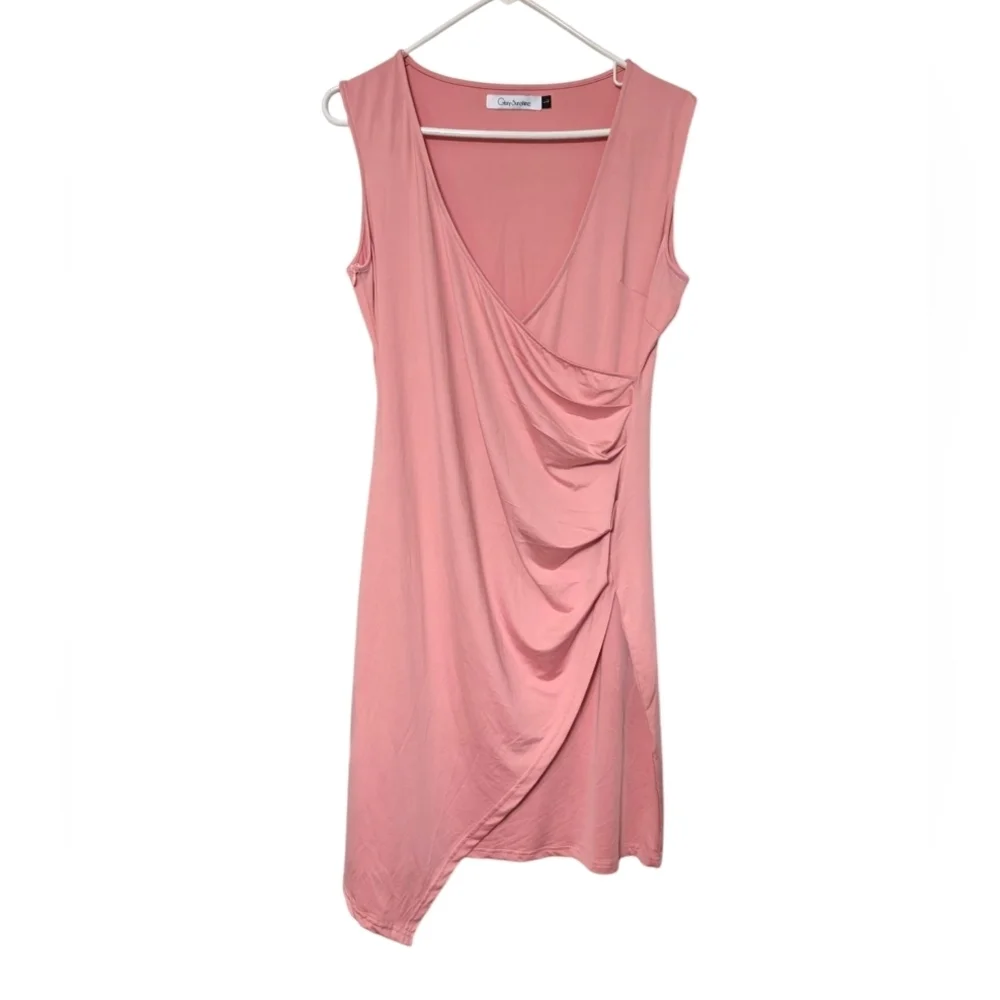 Glory Sunshine Petal Pink Asymmetrical Ruched Bodycon‎ Cocktail Dress Size Large